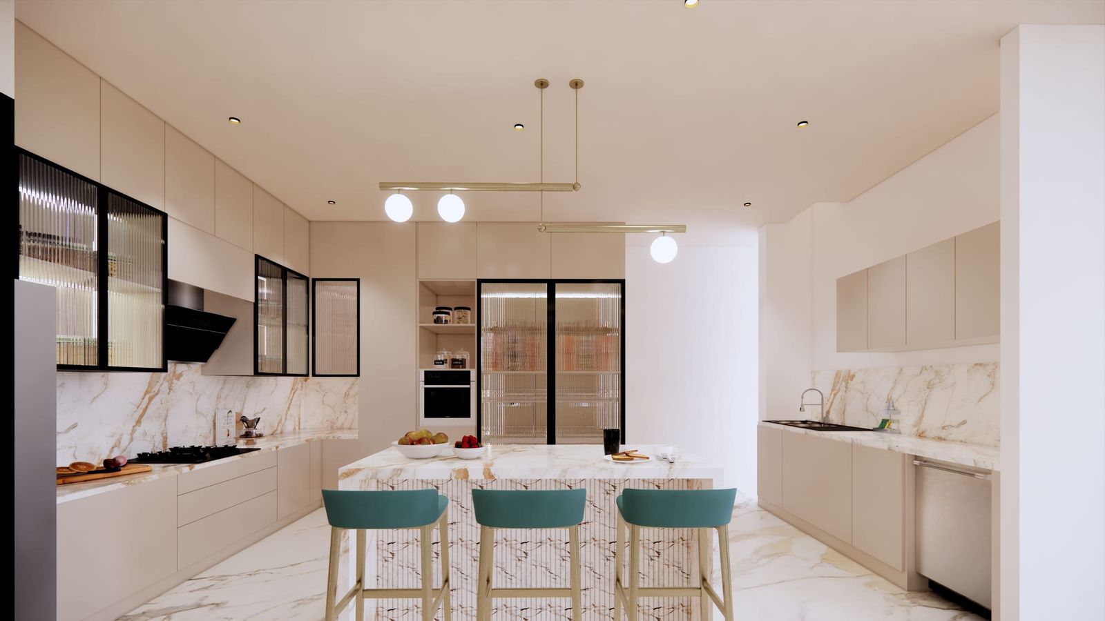 A design visualisation of a marble island with teal stools, black-framed glass cabinets behind
