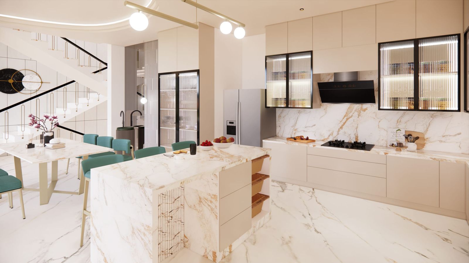 A design visualisation of a marble island kitchen opening onto the dining table