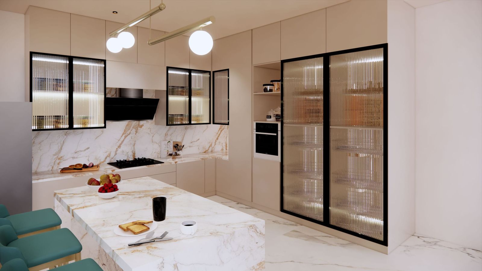 A design visualisation of tall pantry doors in fluted glass, lit from within