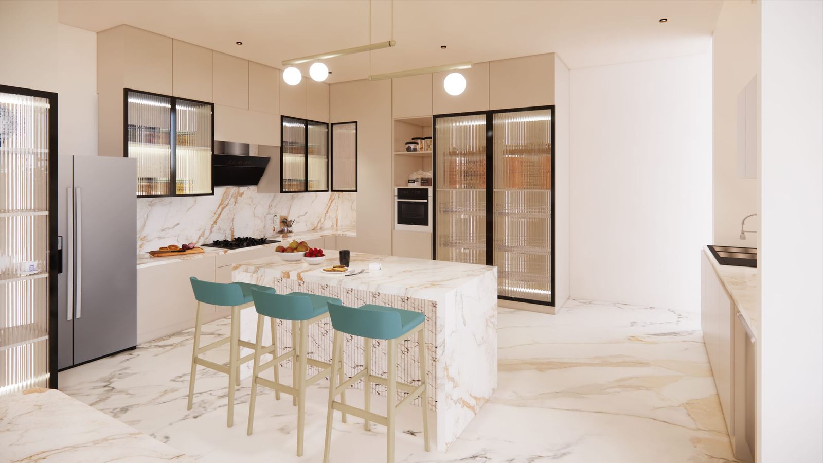 A design visualisation of tall units with the ovens built in, beside a marble island