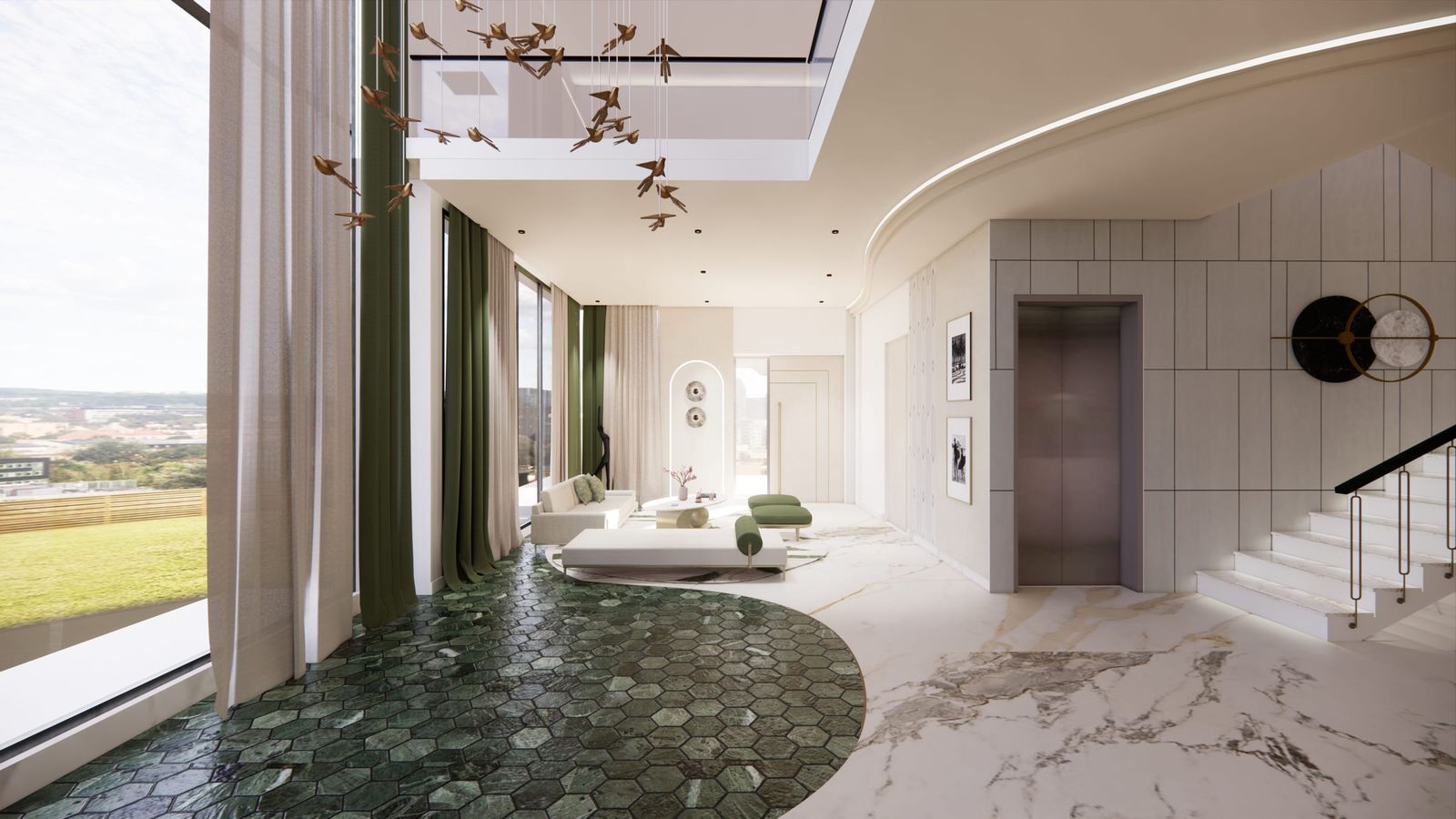 A visualisation of a double-height living room, green stone underfoot and tall green curtains