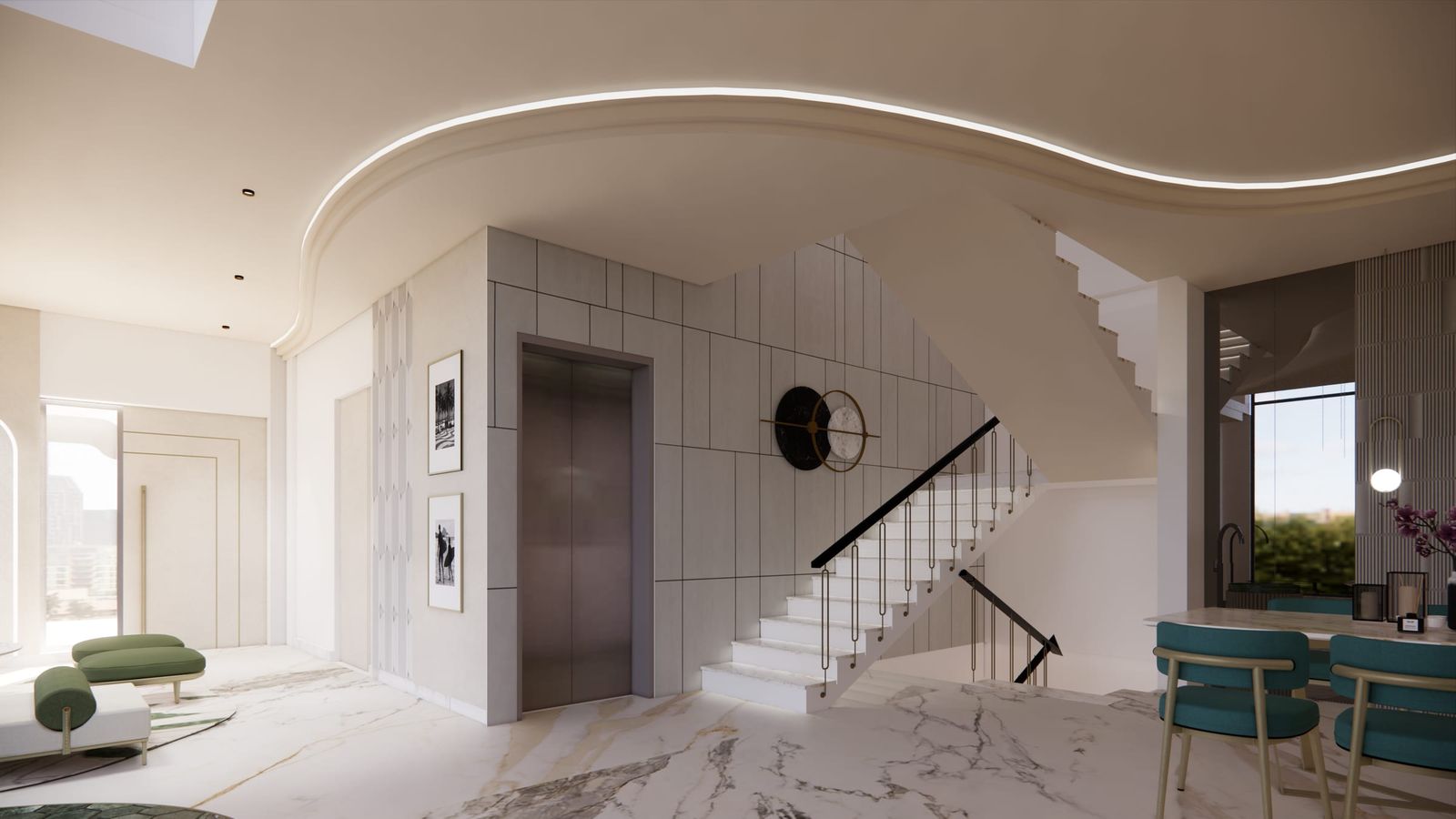 A visualisation of a stair hall, a panelled wall wrapping the lift beneath a curved lit ceiling